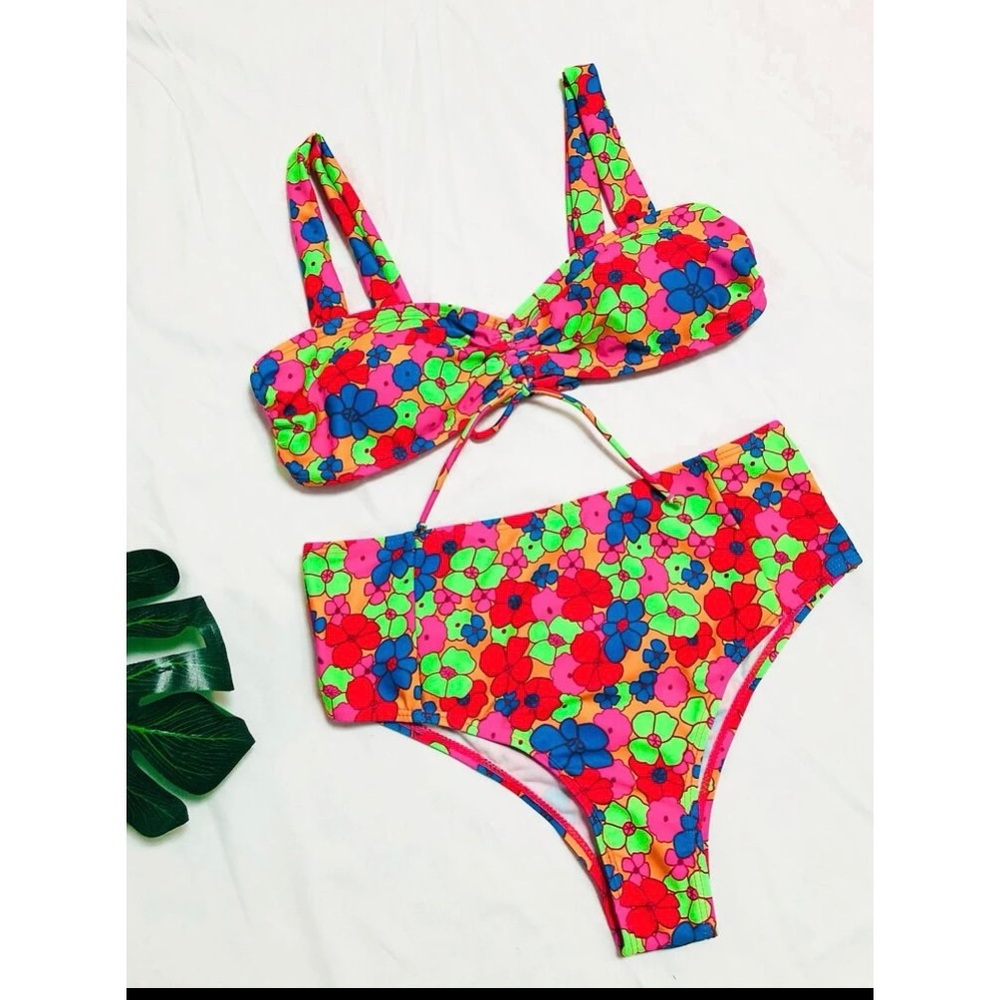 New Women’s Retro 70s Flower Neon Groovy High Waisted Bikini Size M Swim Suit